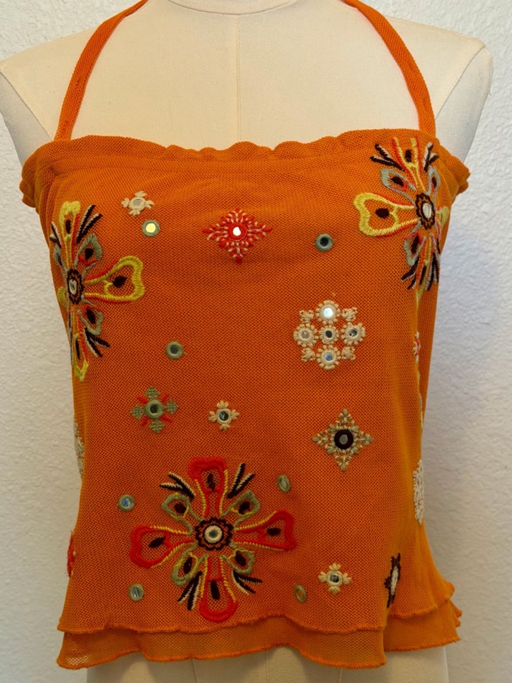 Free People - Embroidered Orange Halter Tank Top